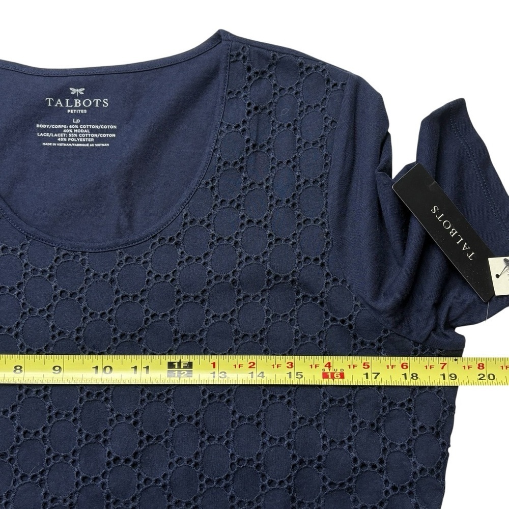 NEW Talbots Short Sleeve Lace Front Top Sz LP Petite Navy Blue Soft Cotton Modal - Picture 4 of 8